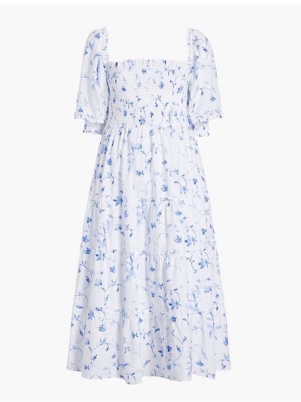 Hill House White Midi Dress with Blue Floral Pattern
